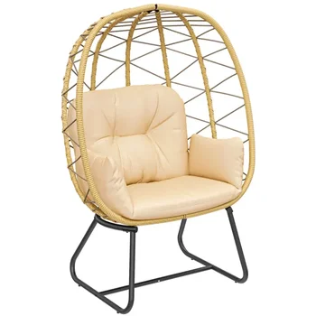 HOMECOME Outdoor Furniture Garden Patio Single Rattan Wicker Egg Chair with soft Cushion,Egg stand chair for porch balcony