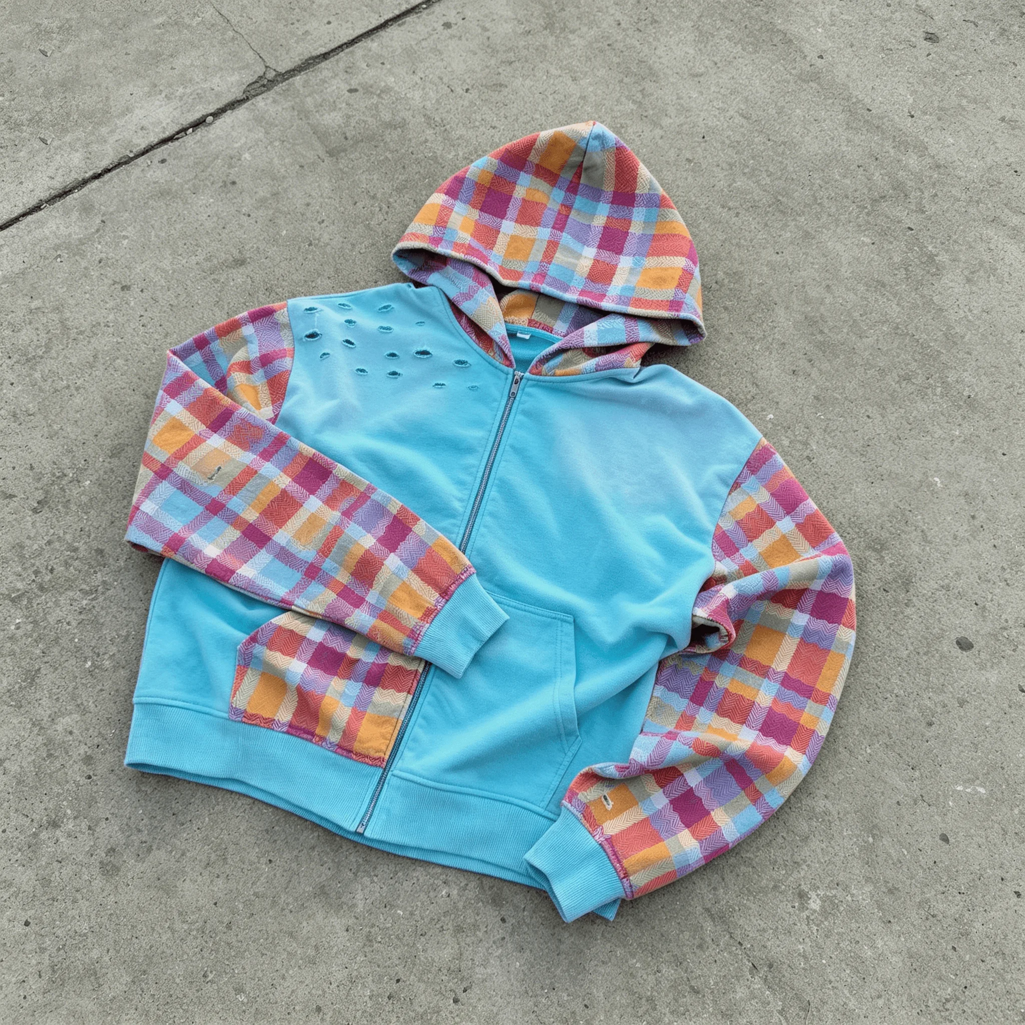 Custom Distressed Plaid Patchwork Zip Up Hoodie Vintage Oversized Faded Blank Sweatshirt Blank Men Streetwear Hoodies