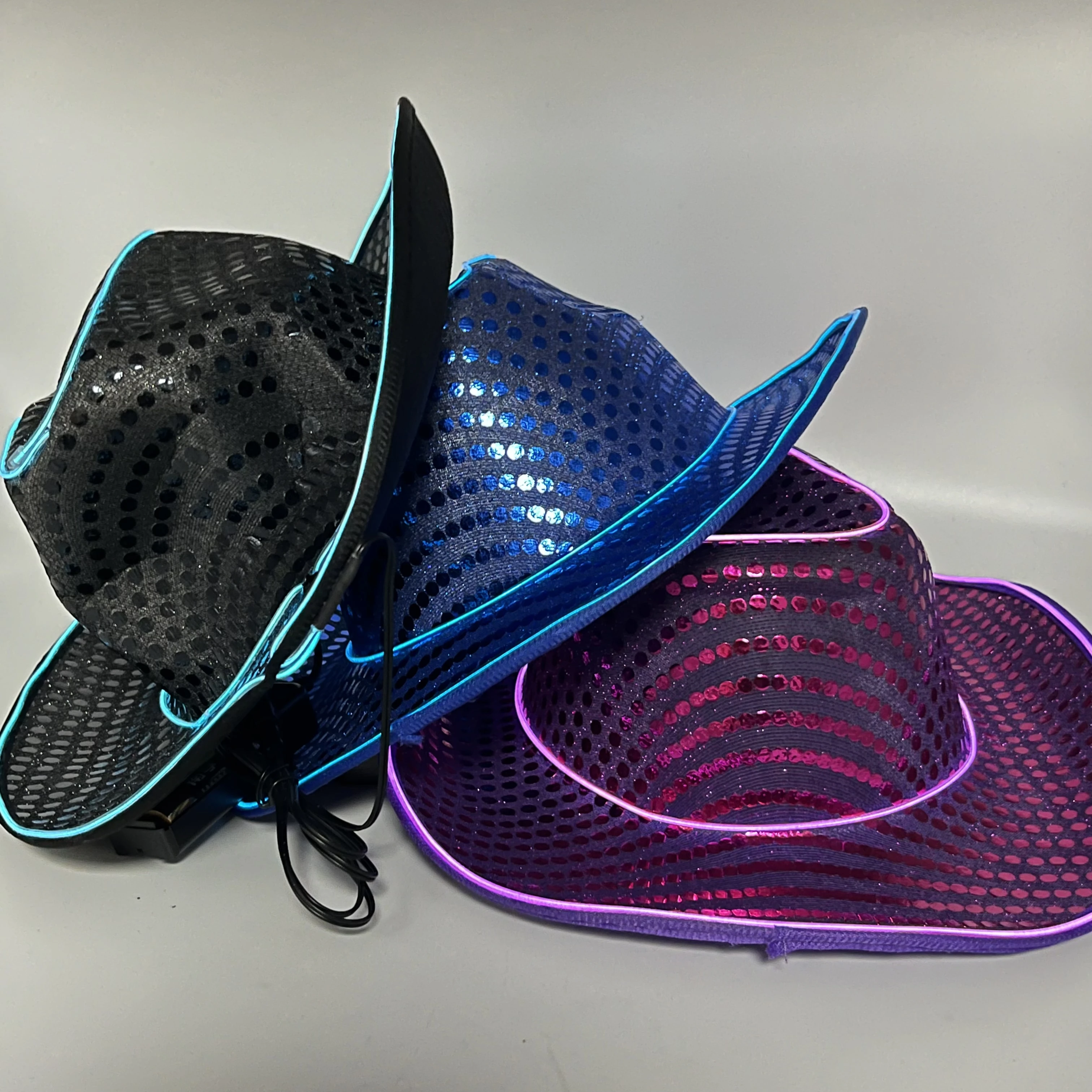 Factory Directly Color Customized LED Flashing Neon EL Wire Sequin Cowboy  Party Hat Light up Cowboy Hat