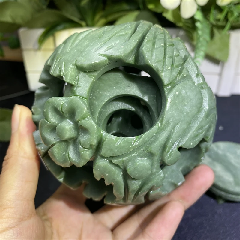 Hand Carved Natural Xiuyan Jade Crystal Linglong Sphere