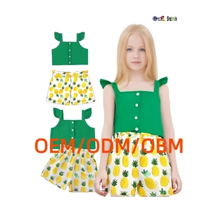 OEM ODM OBM Girls Fashion Top Green Pineapple Print Flying Sleeves 2 Piece Girls Clothing Sets