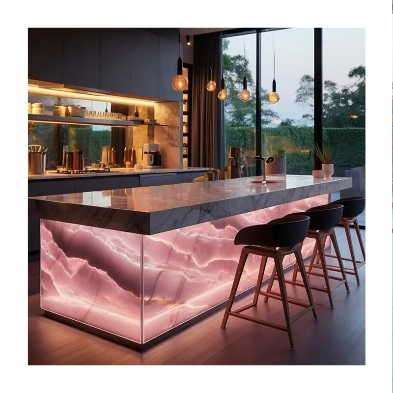 Moderne euphotisk rektangulært sofabord med poleret pink onyx, tilpasset størrelse, naturlig jade, rektangulær moderne marmorstue-møbel til stuen