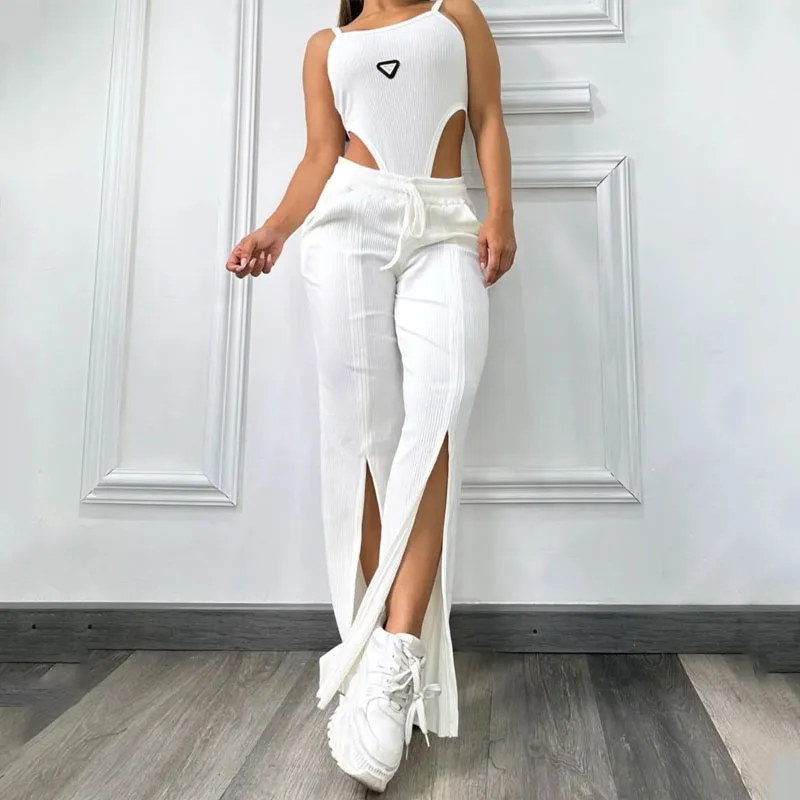 Wholesale Women Clothing Summer Sexy Casual Outfits Sleeveless Two Piece  Sets Cotton Bodysuit and Split Wide Leg Pants Matching
