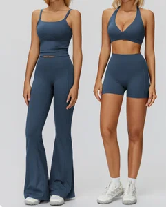 5pcs New Arrival Halter Neck Gym Bra Tight-fitting Short Leggings Sets Workout High Waisted Flared Pants Yoga Vest for Women