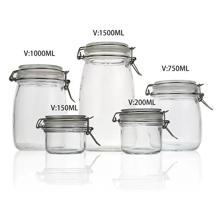Factory Custom150ml 200ml 750ml 1000ml 1500ml 2000ml 3000ml 3800ml 5000ml Round Glass Seal Jars With Metal Locking Lid