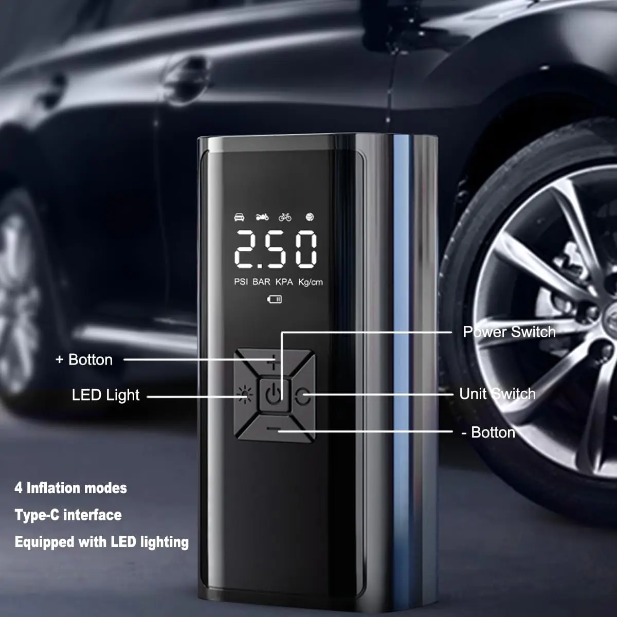 ★タイヤポンプ 車 150PSI タイヤインフレータ エアコンプレッサー 空気圧 ワイヤレスカータイヤインフレーター、150PSI、LEDライト搭載
