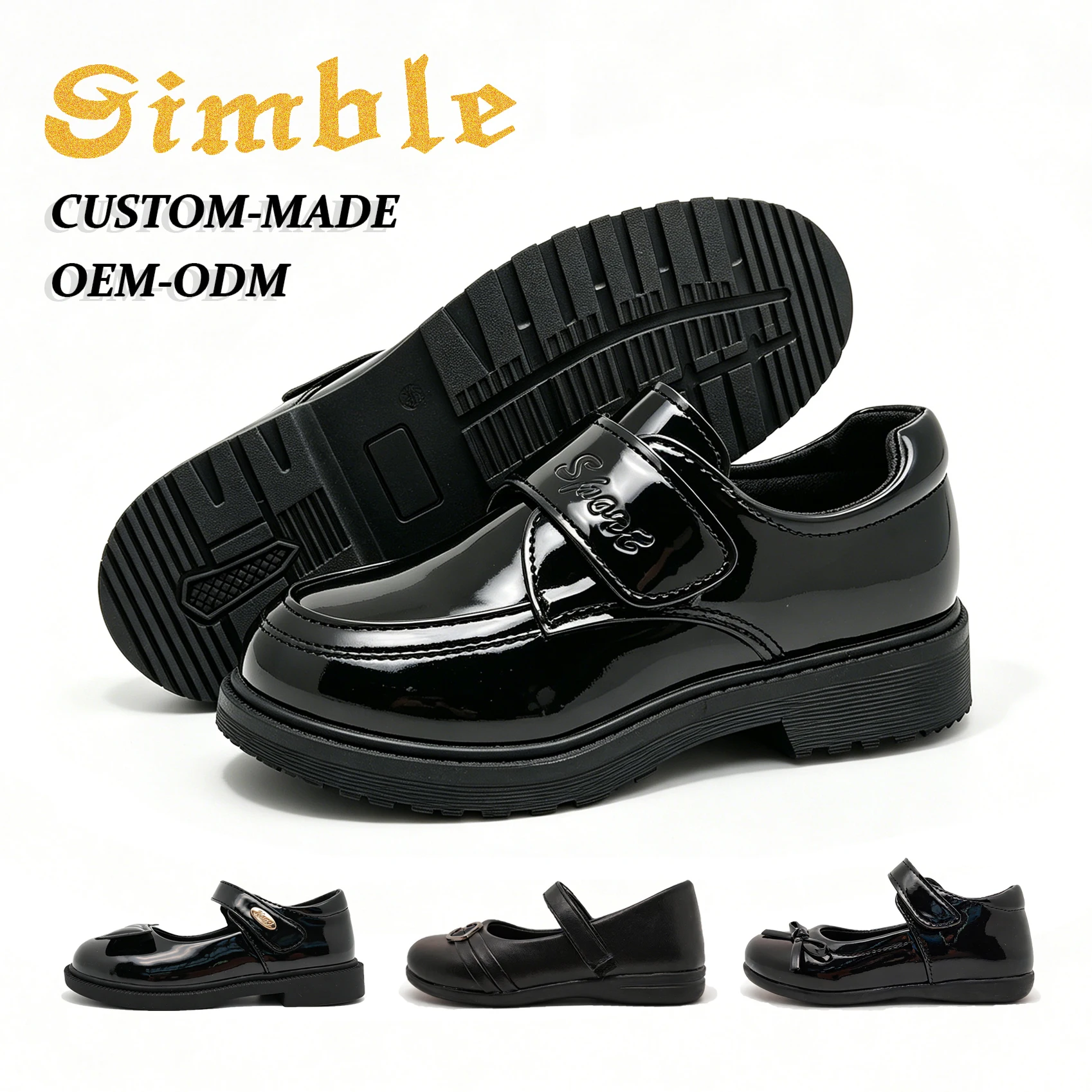 Factory Custom Children Black Campus Dress Shoes OEM Logo Bright Surface PU Kids Back to Student Shoes