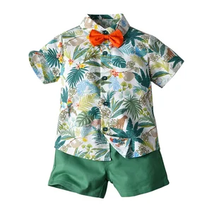 New Arrival Summer Short Sleeve Floral Boys T-shirts Shorts Set Beach Wear Casual Children Clothing Sets