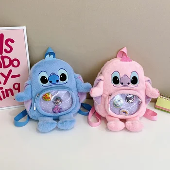 Large Capacity Ins Texturing Plush Backpack for Kids Transparent Cute Cartoon Stitch Series Double Back Gift Waterproof Zipper