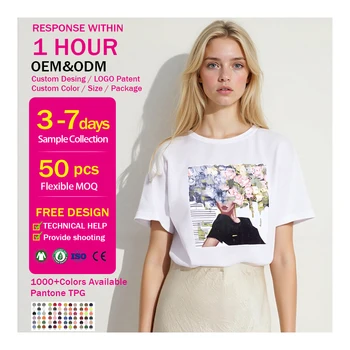 Women's Loose-Fitting Cotton T-Shirt Summer Short-Sleeved DTG Foil Printed Flower Pattern Customizable New Design