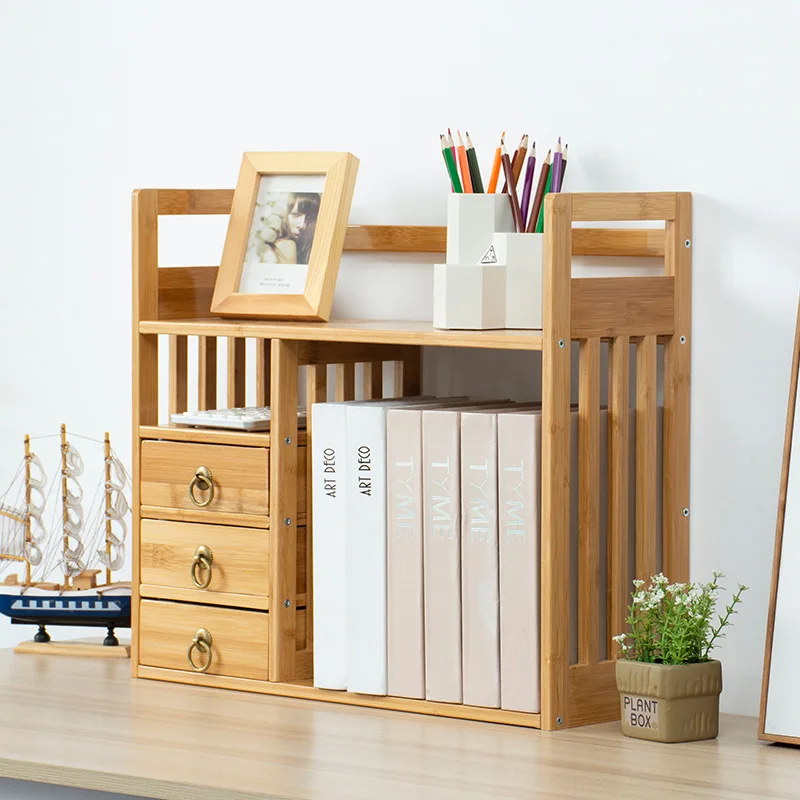 Bamboo Desk Storage Shelf Bookcase with Drawers for Home and Office Desktop Bookshelf