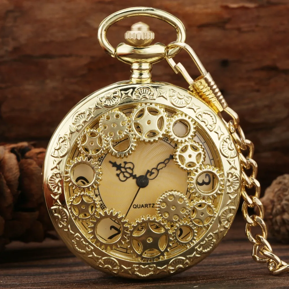 Luxury Silver Gear Hollow Quartz Pocket Watch Chain Fob