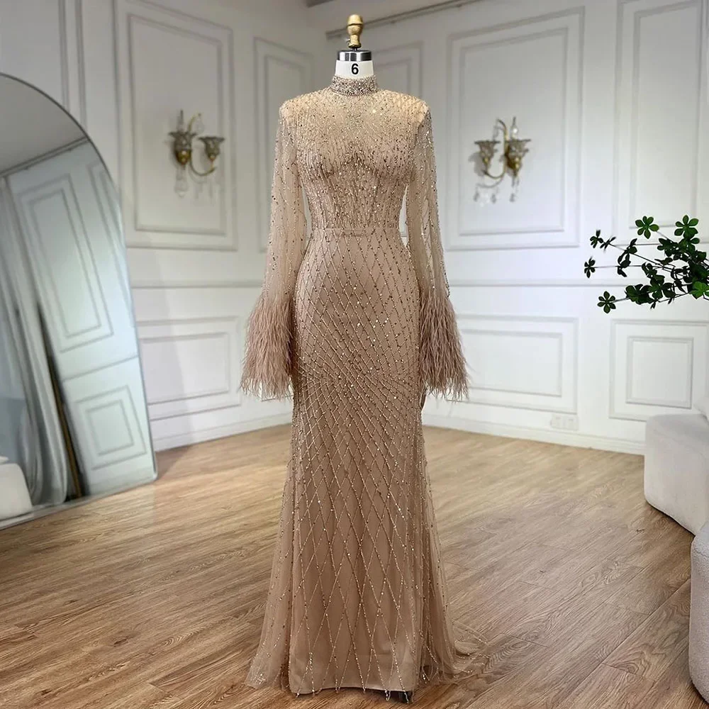 Nude/Gray 2024 Women Wedding Party Gowns Dubai Gowns High Neck Beaded  Feathers Long Sleeve Evening Dresses for Women