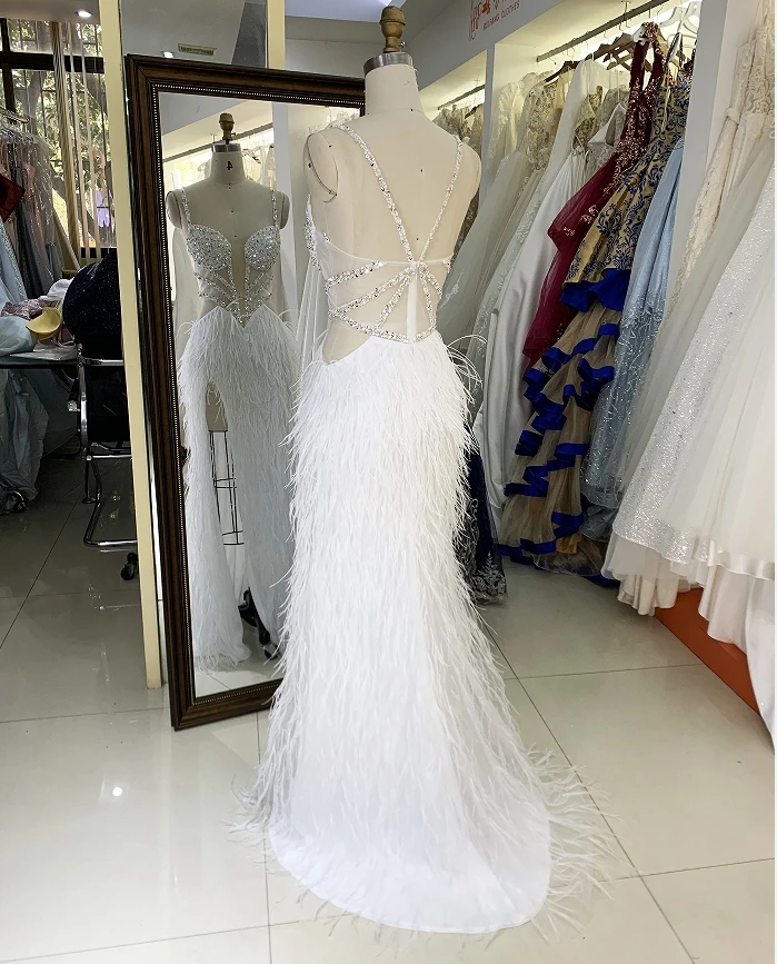 Beading Feather Bottom Skirt Long Prom Dress 2025 Long Evening Gown Dress  for Women