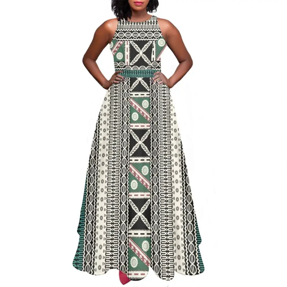 tribal formal dresses Polynesian Custom Print Women's Elegant Floor Length Dress Peridot