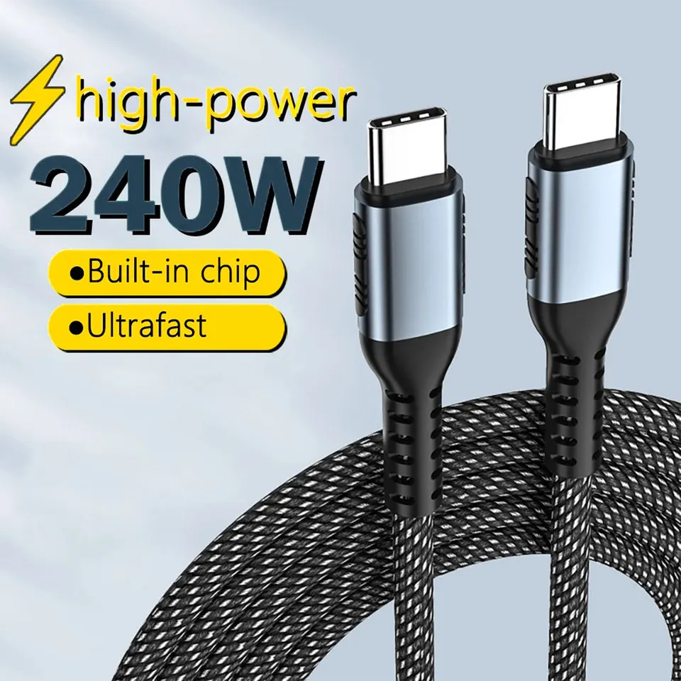 2M 6A PD 240W USB C Cable Fast Charging Data Sync Braided Type C Charger Cord With Smart Chip for Lap Phone Tablet