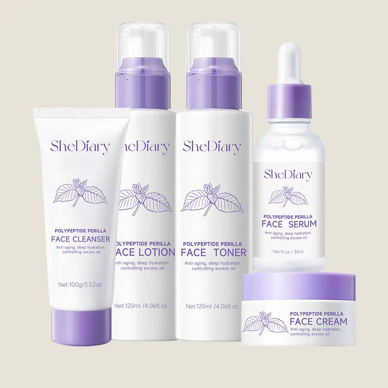 SheDiary Polypeptide Perilla Extract Anti-Aging Facial Water Cream Toner Cleanser Anti-Wrinkle Soothing Repair Skincare Set