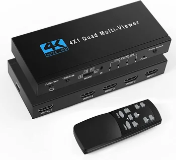 SY HDMI Multiviewer Switch 4x1, Quad Seamless Switcher 4 in 1 Out with IR Remote Control, Support 4K Full HD and 5 Display Mode