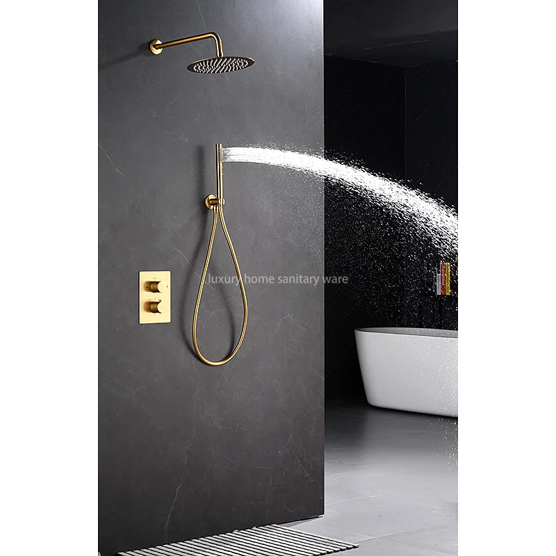 Contemporary Polished Gold Brass Bathroom Shower Faucet Set Hot and Cold Thermostatic Chrome Finish Waterfall Overhead Mixer Tap