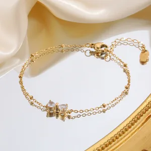 Wholesale High End 18K Gold Plated Stainless Steel Charm Bracelets Hot Sales Zircon Bow Bracelet for Women Daily Wear