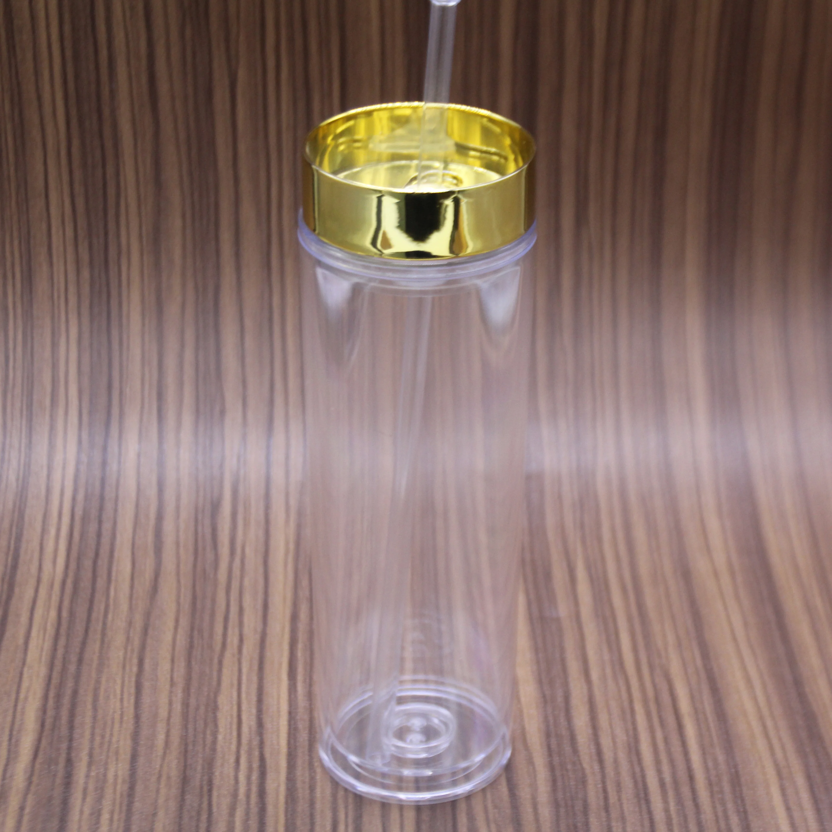 Акриловый прозрачный пластиковый тонкий стакан с логотипом на заказ, 16 унций, с золотой крышкой и соломинкой, стакан с двойными стенками, многоразовая чашка