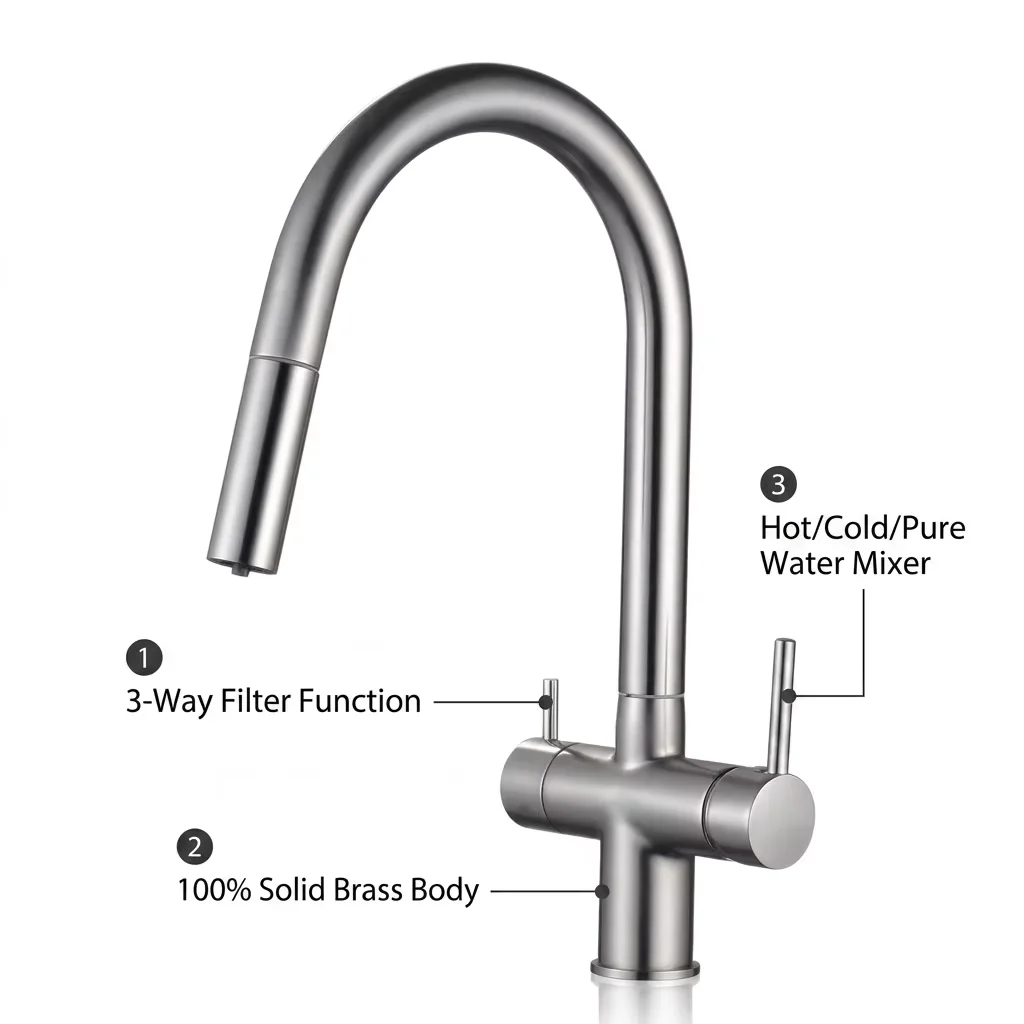 Professionele mengkraan voor keuken van massief messing met 3-wegfilter, 3-in-1 functie (warm/koud/gefilterd water) en uittrekbare sproeier. Groothandel en OEM-levering mogelijk