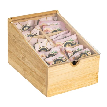 Customizable Home Tea Box With Acrylic Transparent Hinged Lid Wood Tea Bag Organizer Storage