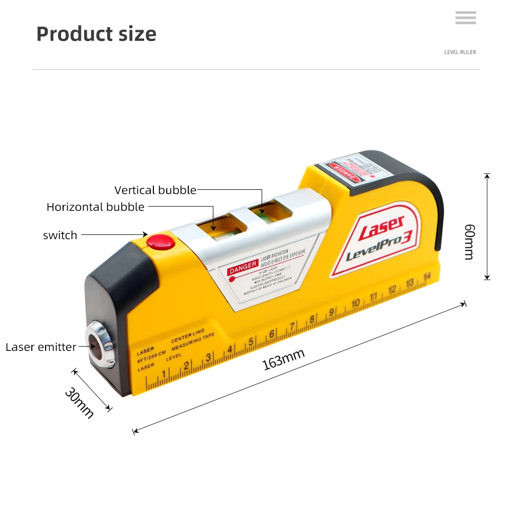 Multi Purpose Measuring Tape Tool 8FT Aligner Standard and Metric Ruler 3 in 1 Digital Infrared Line Laser Levels