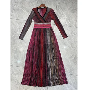 AELESEEN Autumn Winter High-end V-neck Knitted Long Dress Women's Long Sleeved Fashion Striped Sweater Vintage Party Dress