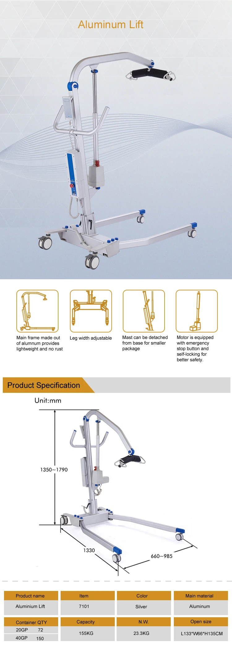 Electric Transfer Patient Lifting Cranes Aluminum Adjustable Patient Lift Movable Disabled