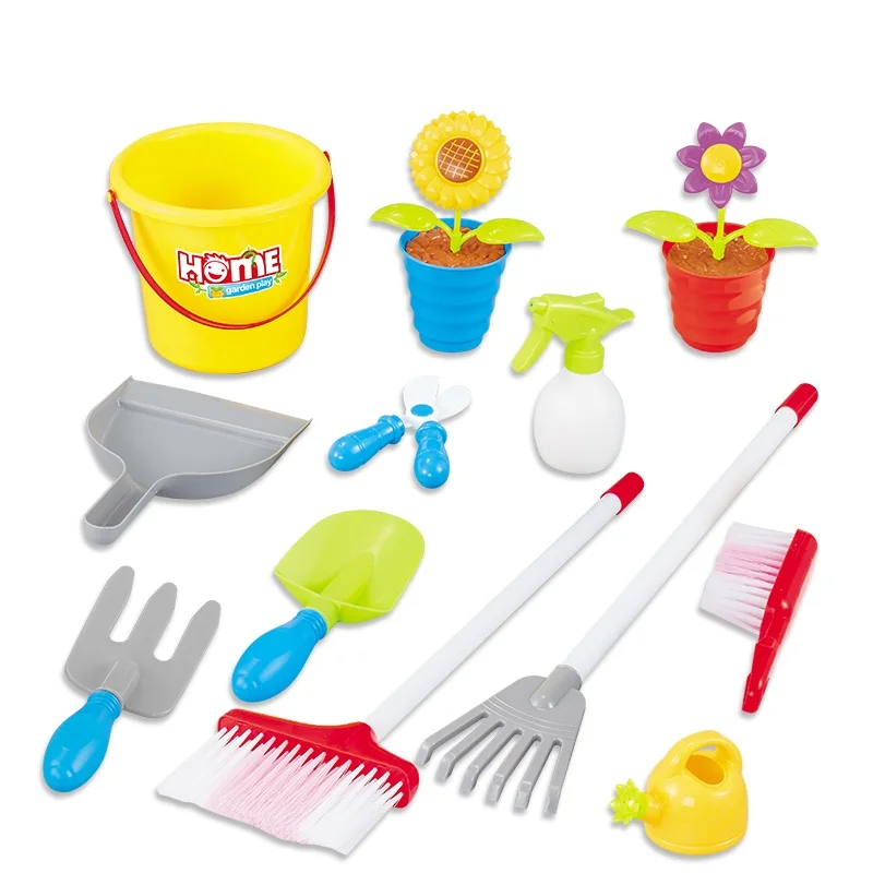 Набор для уборки сада, притворяясь, что он играет с растущими растениями, разбрызгиватель, ведро для полива, семейные интерактивные садовые игрушки