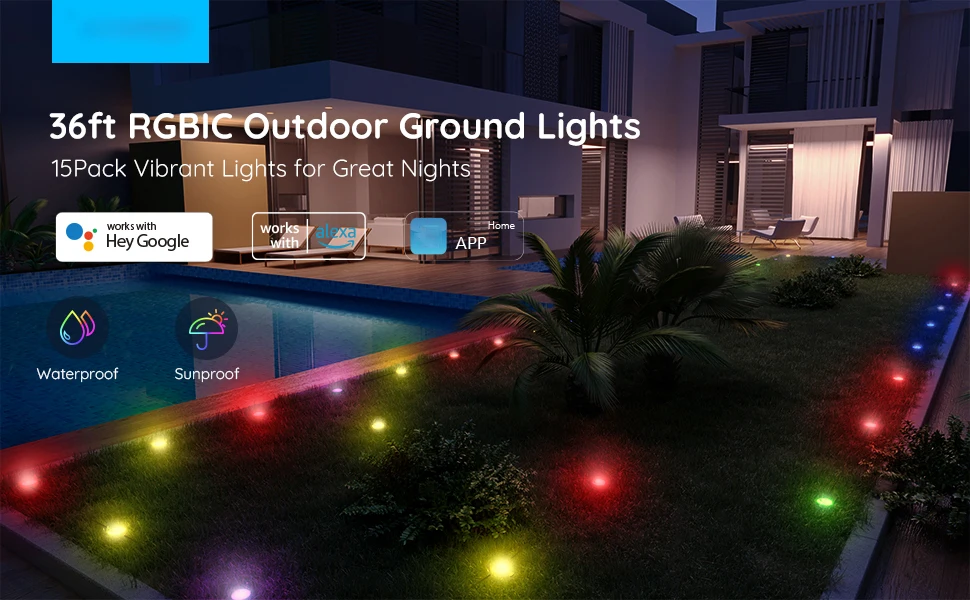 product 15 pack ip67 waterproof outdoor ground garden lawn walkway 36ft multicolor rgbicw pathway led string lights with app control-37