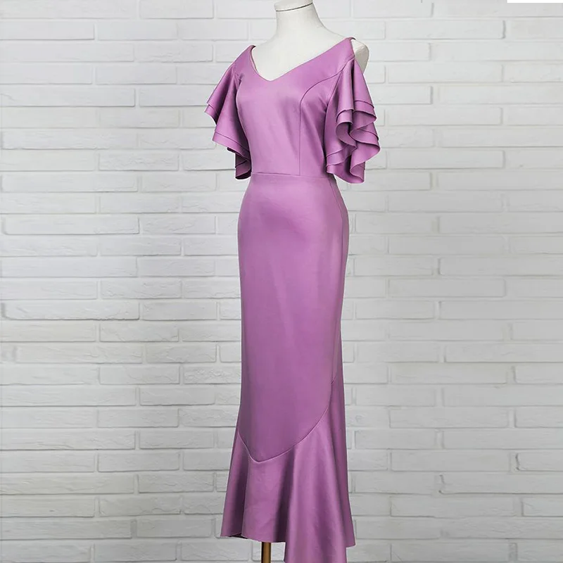 solid ruffles backless fishtail maxi dress