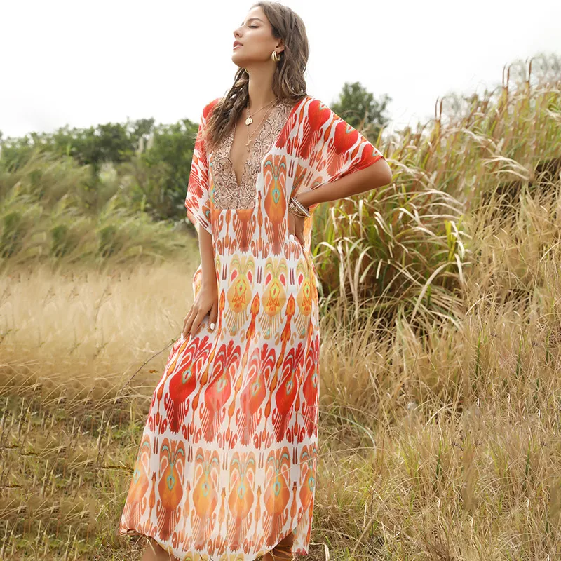 Elegant design v neck plus size bohemian maxi dresses women summer