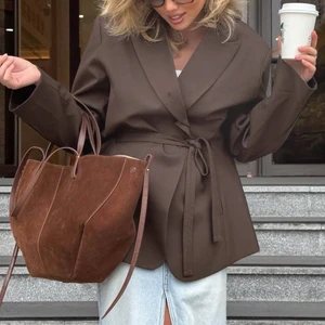 2026 Spring New Single Button Long Sleeve Lapel Solid Female Coats Lady Street Outwear Casual Belt Loose Women Blazer