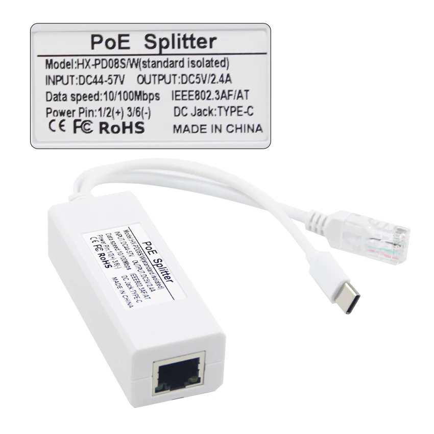 Gigabit PoE Splitter Input 48V Output USB C 5V 2.4A with IEEE 802.3af/at Standard 10,100 Mbps for PoE IP Cameras