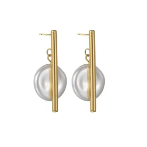 Minimalist Design Women Vintage Style Jewelry 18K Gold Plated Stainless Steel Stud Earrings Round Inlaid Pearl Vertical Earrings