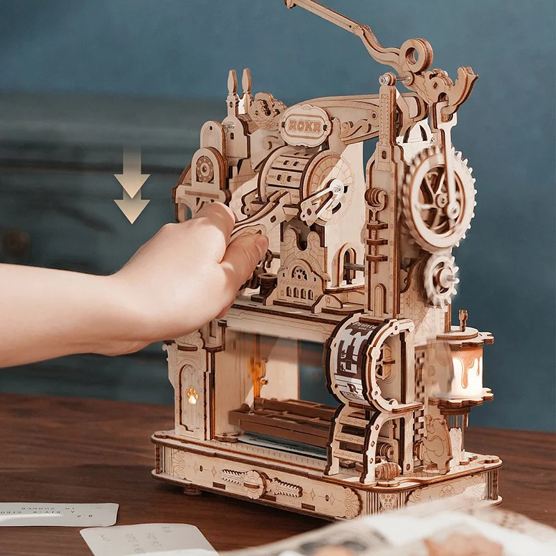 Robotime Rokr Wood Crafts LK602 Printing Press Mechanical DIY Wooden 3D Puzzles for Adults