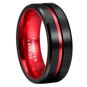 Coolstyle Jewelry 8mm Men Women Fashion Engagement Wedding Band Red Aluminum Inlay Black Tungsten Carbide Ring