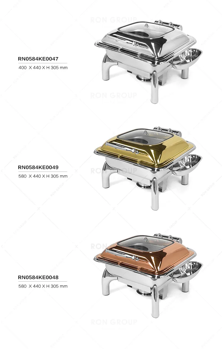 Hotel Restaurant Server Stainless Steel Square Rose Gold Luxury Food Warmer Hydraulic Chafing Dish Buffet Set