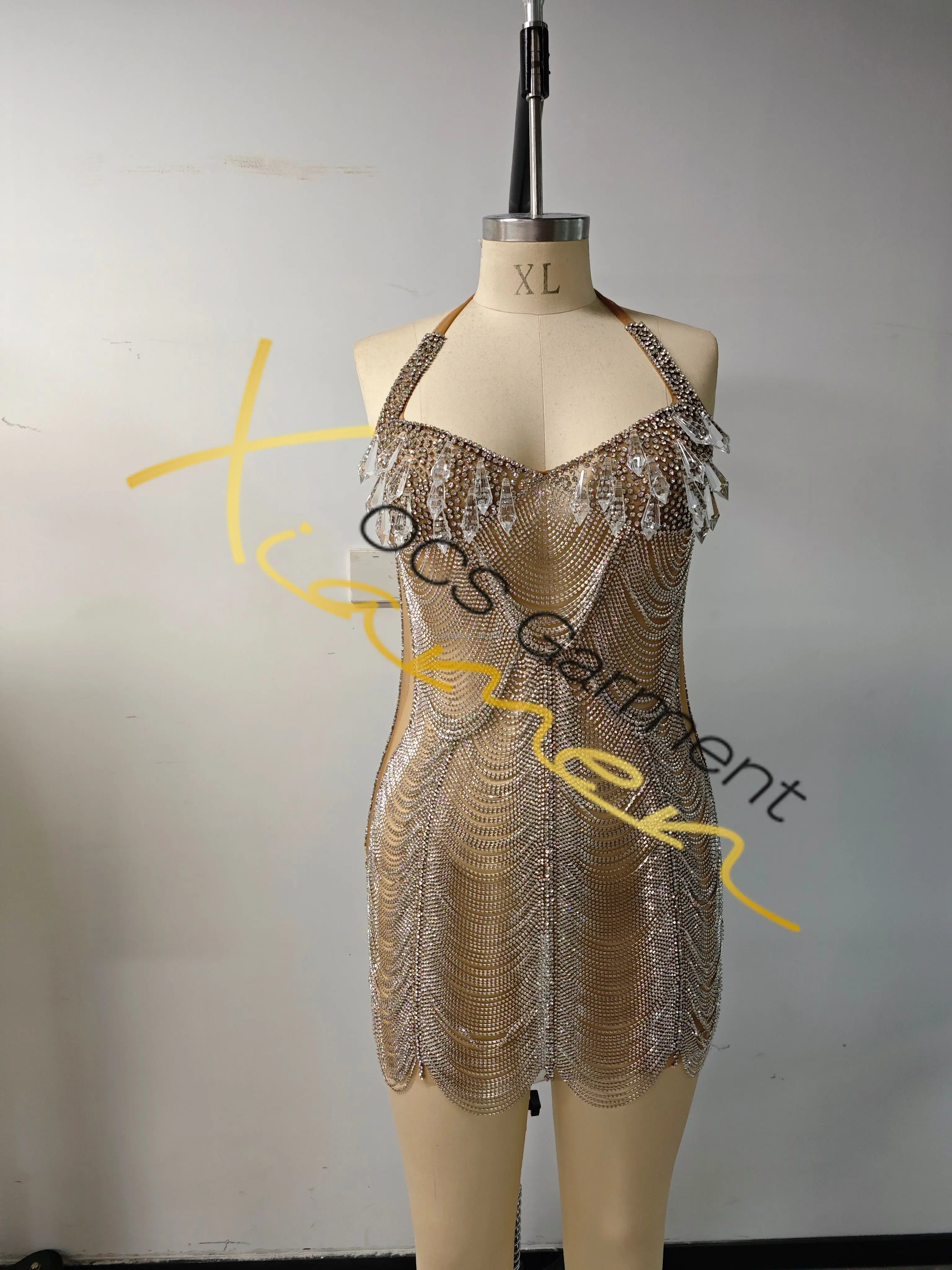 Ocstrade Custom Size Women Birthday Dress Sparkly Halter Neck Bling Diamond Hanging Size Plus Size Mini Party Dresses Elegant