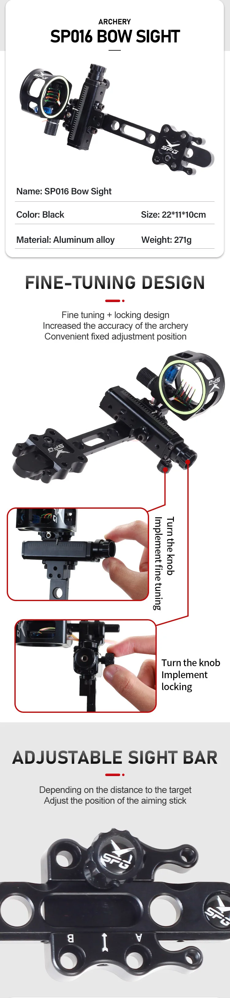 Spg Compound Bow Sight Archery Scope 5/7 Pins Micro Adjustable Metal