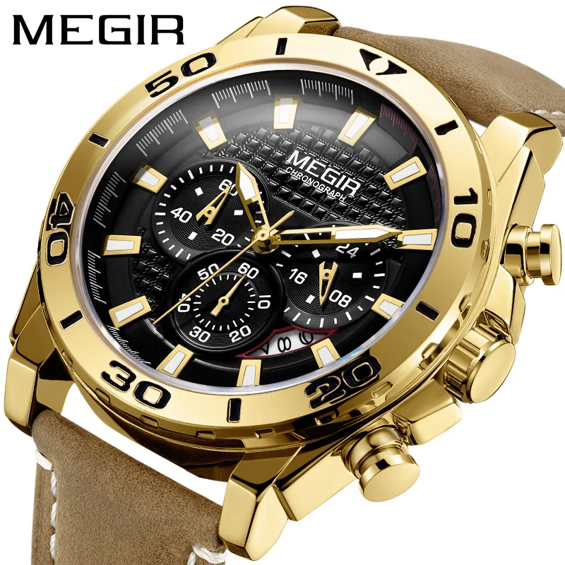 MEGIR 2094 classic China men watch futuristic Genuine Leather Strap 3 dials Chronograph rohs sports wrist watch factory in china