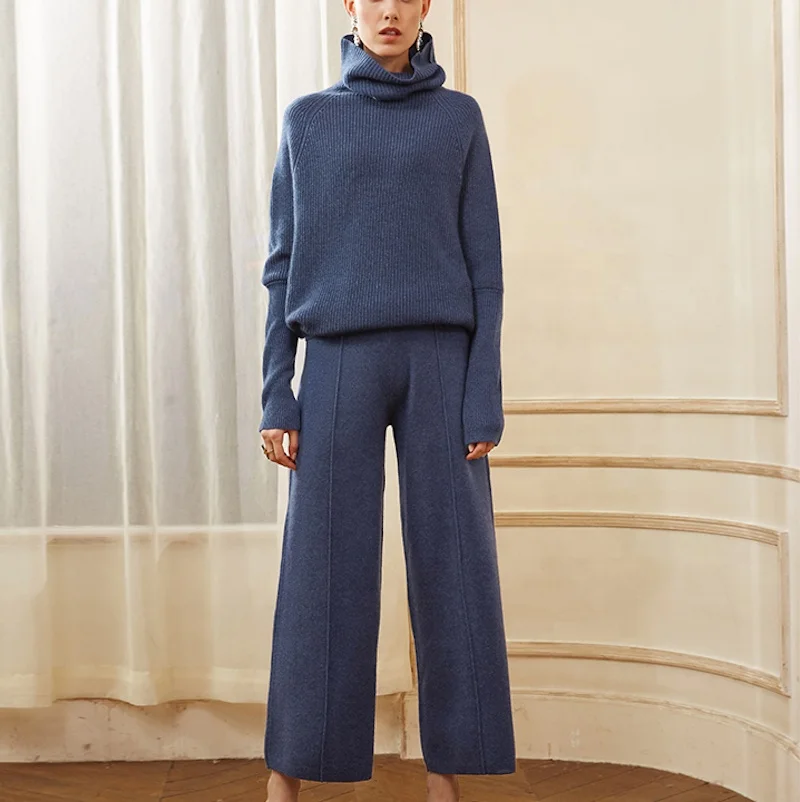 Women's Cashmere Suit Plain Knitted Turtleneck Female Wool Cashmere Sweater  Pant Piece Set Women Sweater Knit Two Piece Set
