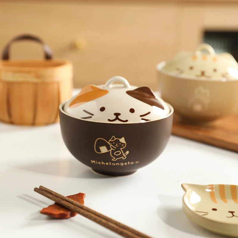 Wholesale Cute Ceramic Namen Bowl Cartoon Cat Shape Fruit Vegetable Salad  Soup Noodle Bowls With Lid Kitchen Tableware Hotel Use