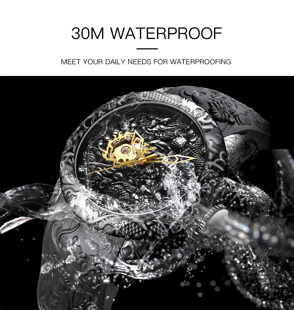 Biden 0129 Fashion Gold Dragon Sculpture Men Watch Automatic