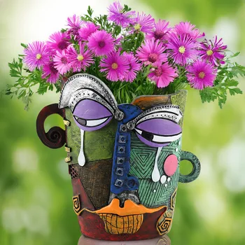 Large Creative Artistic Abstract Colorful Flower Pot Resin Crying Face Ornament for Home Desktop or Courtyard Garden Decoration