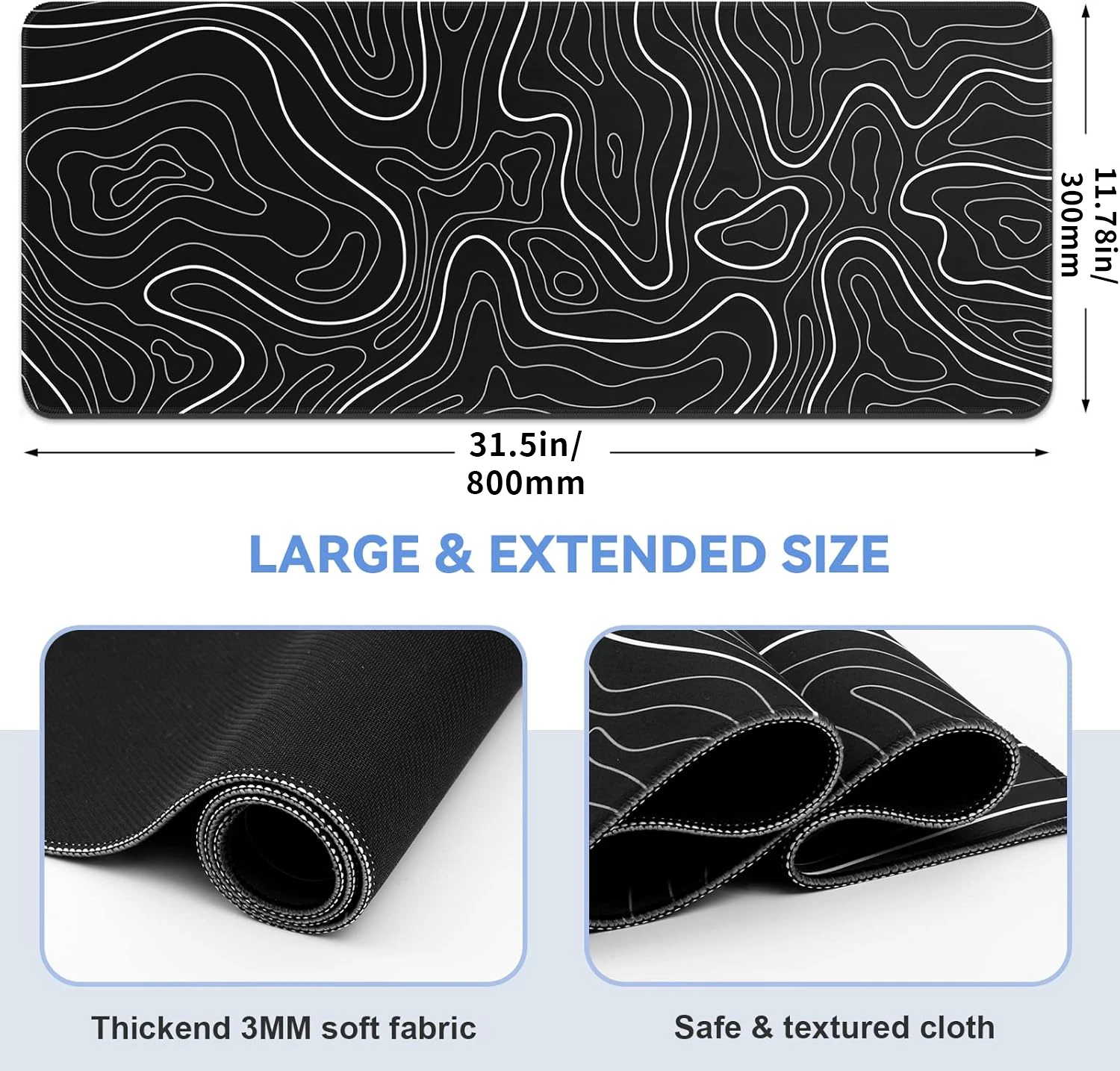 800 300mm Large Gaming Mouse Pad with Anti-Slip Rubber Base Black & White Topographic Li aperçu 2