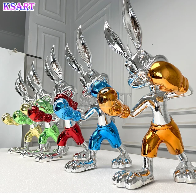 Decorative creative Resin Bunny girl boxing rabbit Chrome boxing rabbit fiberglass sculpture rabbit statue resin statue