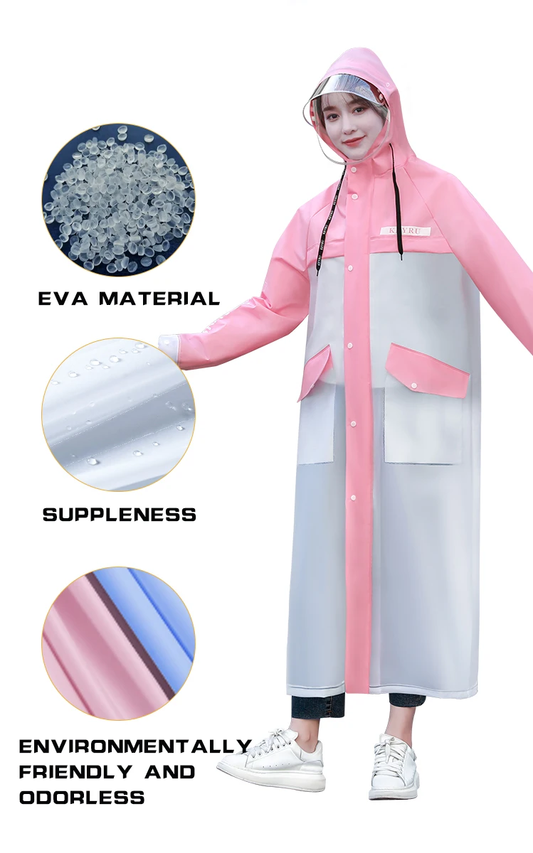 Custom Wholesale Long Raincoat Waterproof Camping fishingPlastic EVA rain coat with Hood details